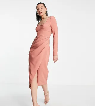 ASOS DESIGN Tall sweetheart neck midi dress with ruched wrap skirt in terracotta