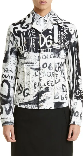 Graffiti Print Stretch Denim Jacket