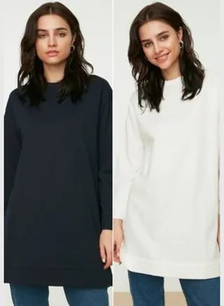 Navy Blue-Ecru 2 Pack Crew Neck Basic Knitted Sweatshirt TCTAW22TW0152