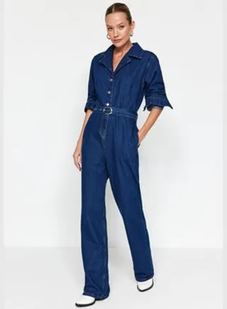 Dark Blue Belt Denim Overalls TWOAW24TU00017
