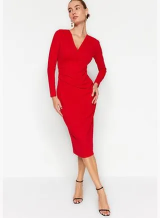 Red Double-breasted Collar Long Sleeves Smocking Detailed Fitted Midi Dress TWOAW24EL00826