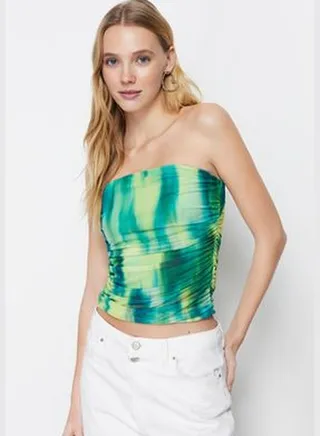 Green Strapless Lined Draped Tulle Knitted Blouse