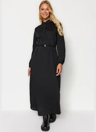 Black Belted Half Placket High Collar Woven Dress TCTAW24EB00091