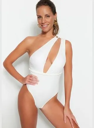 Ecru One Shoulder Accessorized Regular Leg Swimsuit TBESS23MA00236