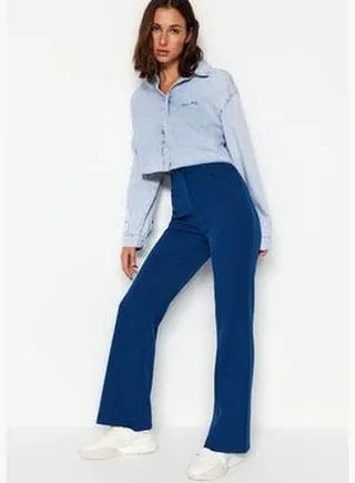 Navy Blue Ribbed Flare Woven Trousers TWOAW24PL00070