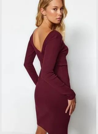 Burgundy Corduroy Back Detailed Crew Neck Fitted/Sleeper Mini, Flexible Knit Dress TWOAW24EL00390.