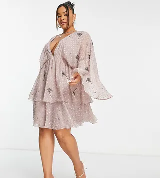 ASOS DESIGN Curve tiered textured mini dress with linear bloom embellishment in dusty rose