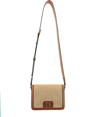 Rafia and leather shoulder bag with metal logo detail