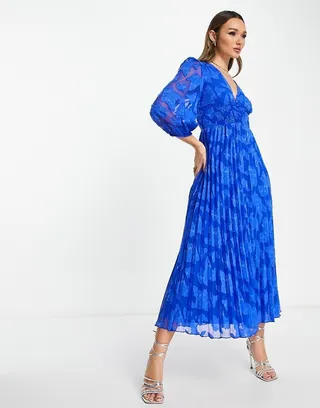 ASOS DESIGN burnout button up shirred waist pleated midi dress in cobalt blue
