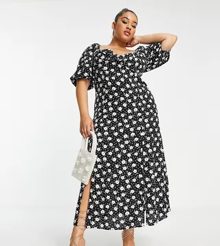 ASOS DESIGN Curve puff sleeve ruched bust midi split dress in mono floral and heart print