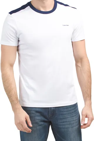 Short Sleeve Mixed Media Shoulder Crew Neck Tee