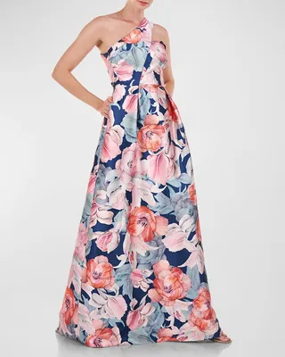 Tulip Poppy-Print One-Shoulder Mikado Gown