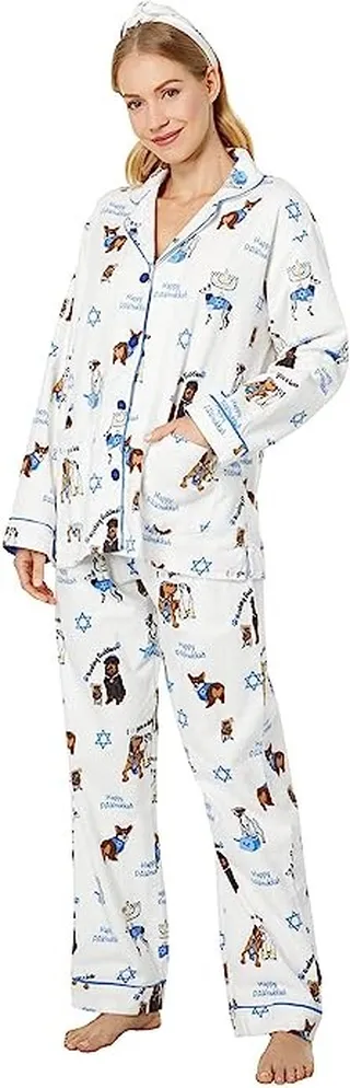 P.J. Salvage Holiday Flannel PJ Set with Headband (Ivory Pawnukkah) Women's Pajama Sets