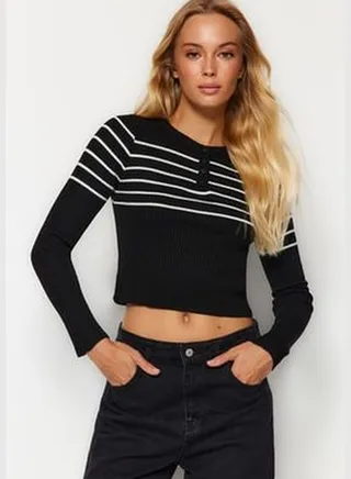 Black Crop Striped Knitwear Sweater TWOAW24KZ01201