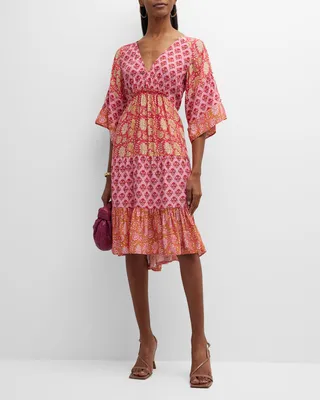Fiona V-Neck Tiered Mixed-Print Silk Dress