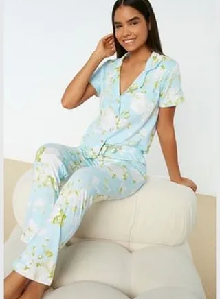 Blue Floral Pattern Cotton Shirt-Pants and Knitted Pajamas Set