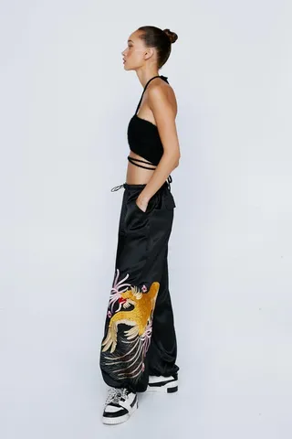 Nasty Gal Womens Petite Embroidered Parachute Nylon Mid Rise Cargo