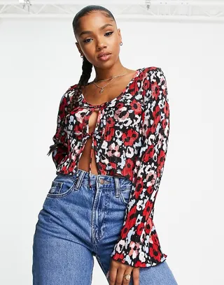 Monki plisse cardigan in red floral print