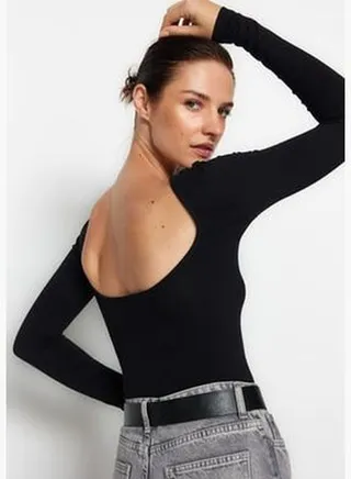 Black Cotton Stretchy Open Back Fitted/Flexible Blouse TWOAW24BZ00160