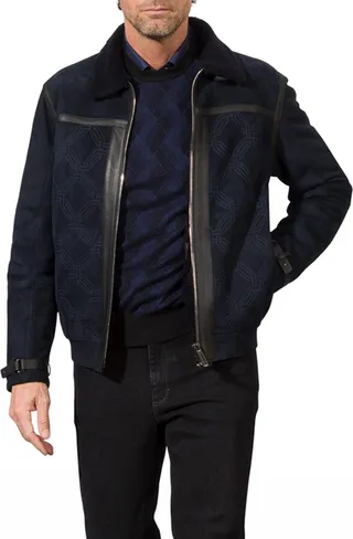 Men's Shearling-Collar Leather Bomber Jacket