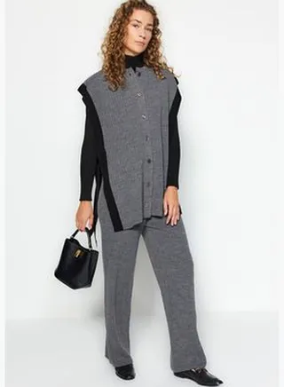 Anthracite Color Block Slit Detailed Vest-Pants