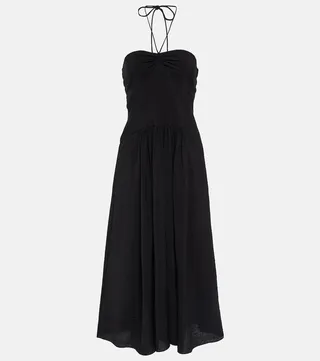 Ruched halterneck voile midi dress