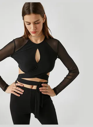 Drawstring Tulle Sleeve Cut Out Long Sleeve T-Shirt