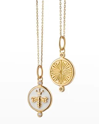 18K Yellow Gold Queen Bee White Enamel Charm Necklace with Diamonds
