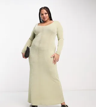 ASOS DESIGN Curve v neck long sleeve maxi dress in sage