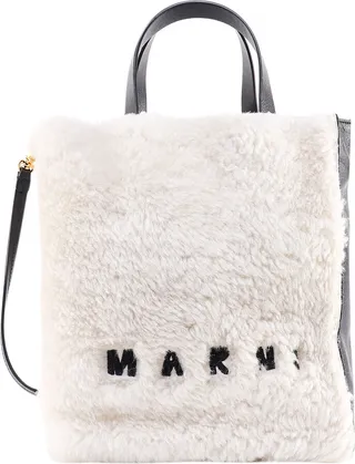 Shearling and leather handbag with embroidered logo
