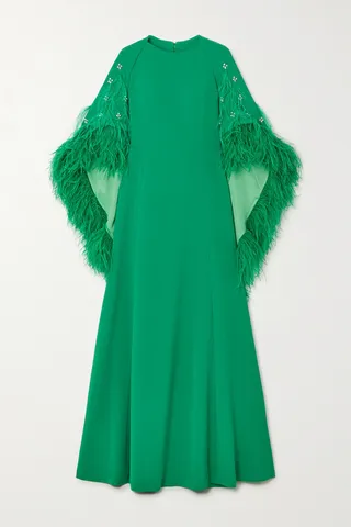 Huishan Zhang - Christelle Cape-effect Crystal And Feather-embellished Crepe Gown - Green