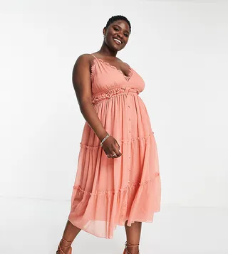 ASOS DESIGN Curve button through tiered midi dress with lace trim detail in rose