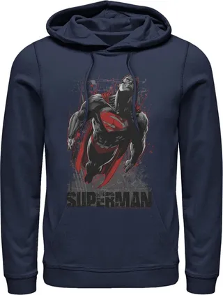 Men's Superman Flight Looking On Pull Over Hoodie - Navy Blue - 3X Large