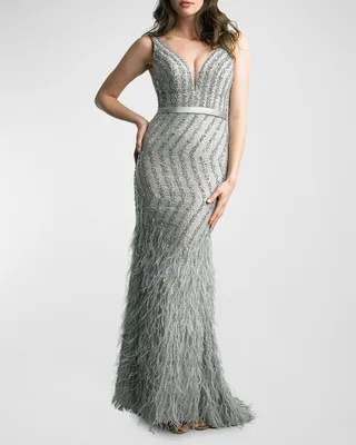 Rhinestone Feather-Hem Lace Gown