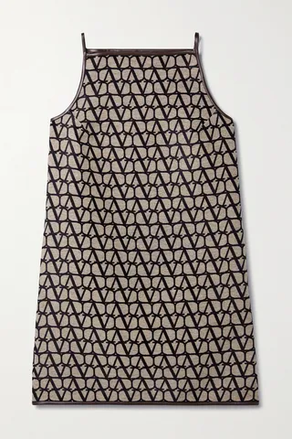 Valentino Garavani - Leather-trimmed Canvas-jacquard Mini Dress - Brown