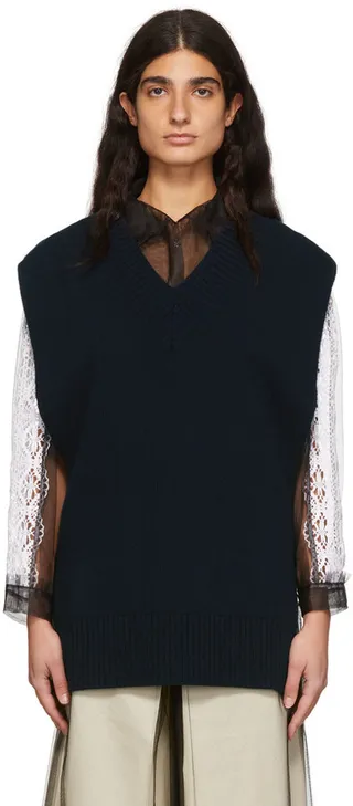 Maison Margiela Navy Sleeveless V-Neck Sweater