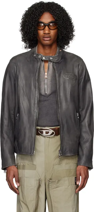 Diesel Gray L-Metal-Treat Leather Jacket