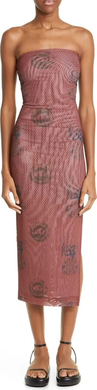 Lila Atlas Print Strapless Mesh Midi Dress