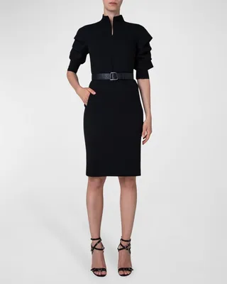 Mock-Neck Shirred-Sleeve Zip-Front Dress with Belt