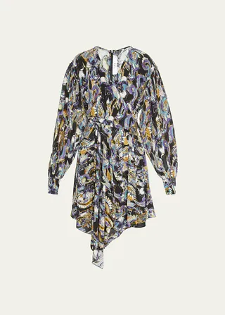 Damie Printed Mini Wrap Dress with Long Balloon Sleeves