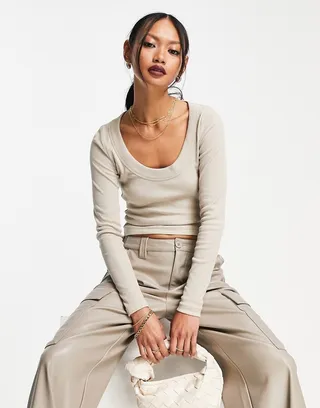 ASOS DESIGN long sleeve scoop neck rib top in oatmeal heather
