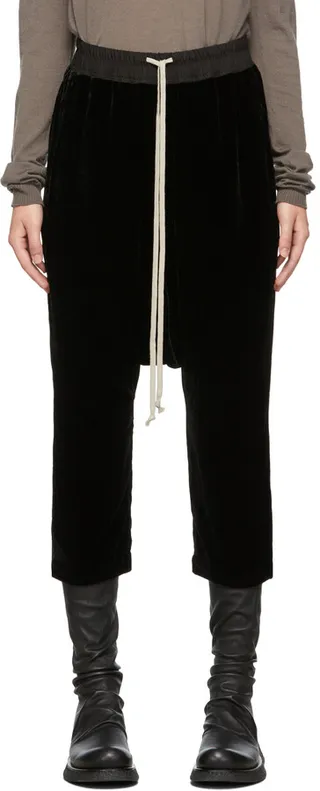 Rick Owens Black Velvet Drawstring Cropped Lounge Pants