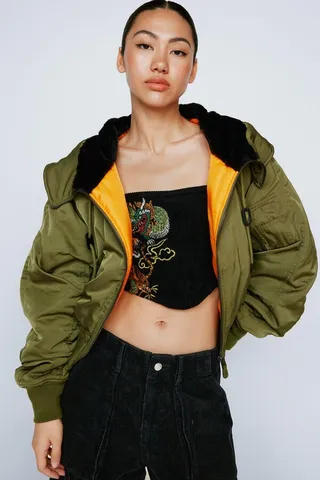 Nasty Gal Womens Faux Fur Lined Zip Hood Bomber Jacket