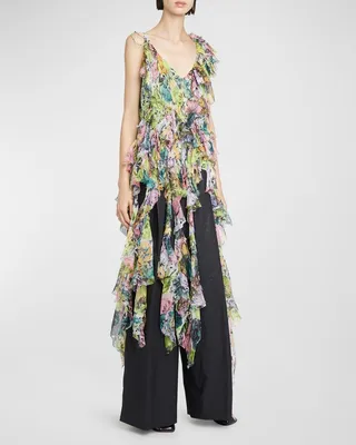 Caylin Asymmetric Cascading Ruffle Chiffon Sleeveless Top