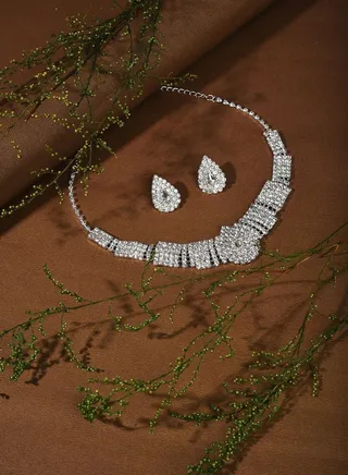 Silver Plated Designer Stone Necklace and Earring Set