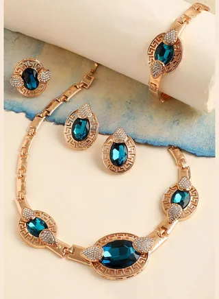 Gold Plated Designer Stone Necklace, Earring, Ring and Bracelet Set