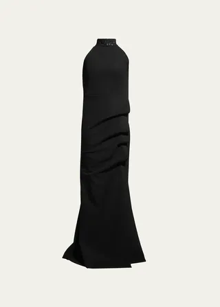Slavinka Beaded-Neck Halter Gown