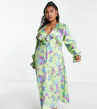 ASOS DESIGN Curve satin button through midi tea dress in green base floral print