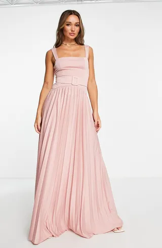 Belted Pleated A-Line Gown