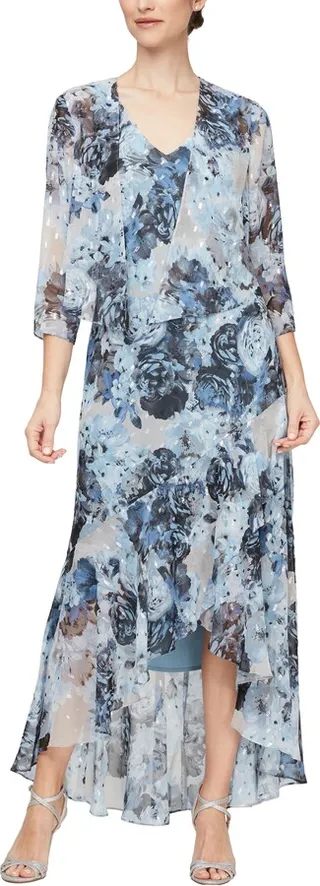 Floral Metallic Dot Cocktail Midi Dress & Open Jacket